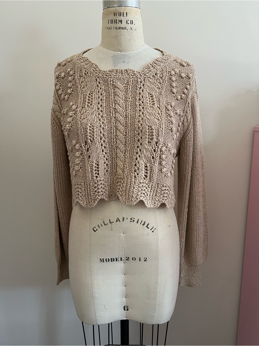 LoveShackFancy Cropped Cable & Bobble Knit Sweater in Light Taupe Sequin Yarn